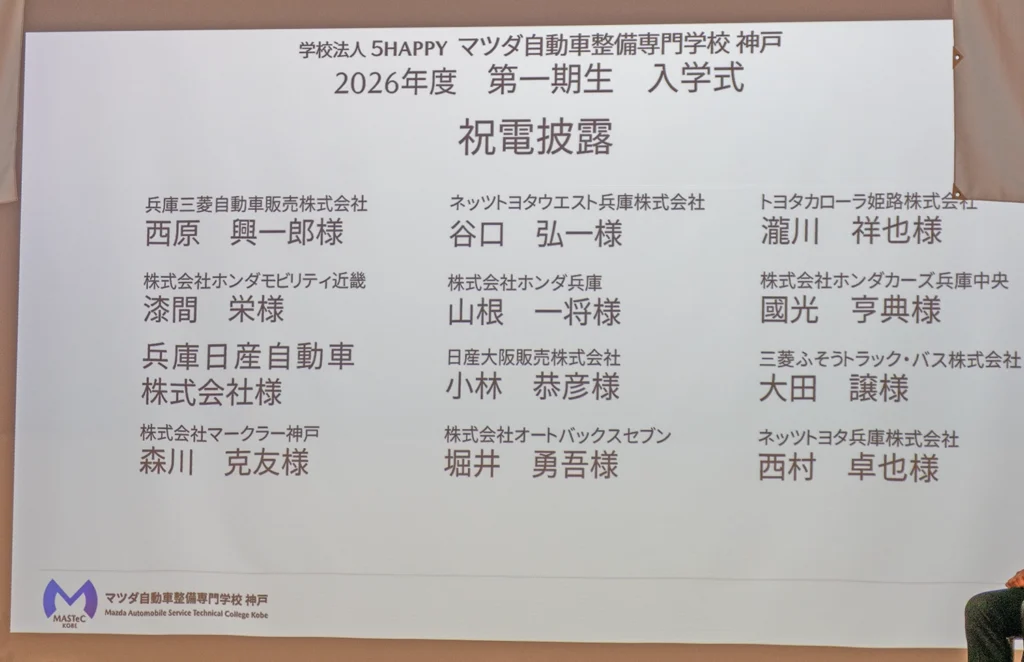 マツダ以外の競合メーカー（トヨタ、日産、ホンダ、三菱、オートバックス等）からも多数寄せられた祝電リスト